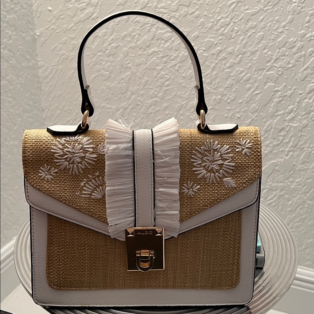 ALDO NWOT WHITE ADORNED WITH RAFFIA TYPE LOOK SATCHEL/CROSSBODY BAG - Picture 13 of 13